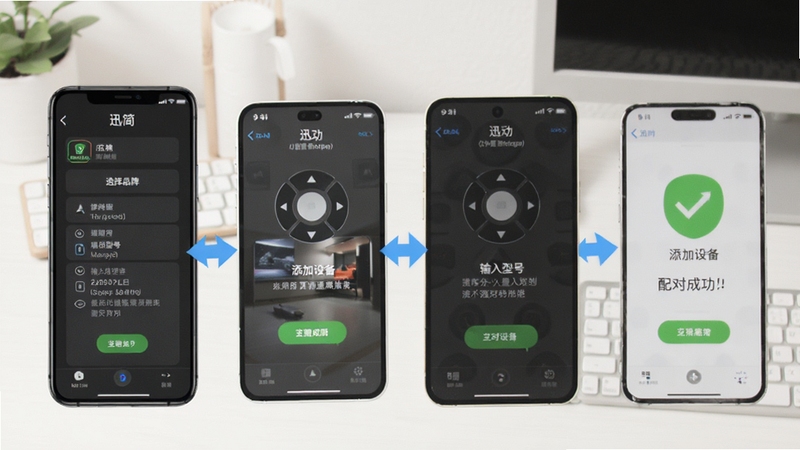 万能遥控器(迅简)使用教程步骤图,手机屏幕显示添加设备的流程界面,包括选择品牌、输入型号、配对成功等步骤,背景为简洁的桌面环境,带有指示箭头,画面清晰明确