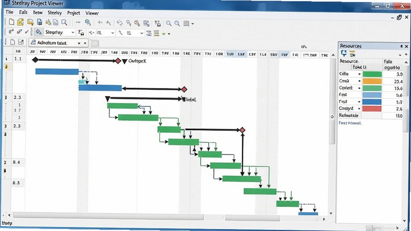 Steelray Project Viewer 正在打开并显示一个复杂的项目甘特图,界面中清晰展示任务条形图、里程碑菱形标记和依赖关系箭头,右侧有资源分配面板,整体画面专业,色彩对比鲜明,软件名称显示在窗口标题栏