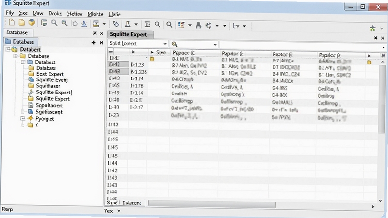 SQLite Expert 主界面预览图,展示左侧数据库对象树、右侧表格数据网格以及上方菜单工具栏,整体界面简洁明亮,背景为浅灰色工作区,窗口布局清晰,突出软件的专业性与易用性