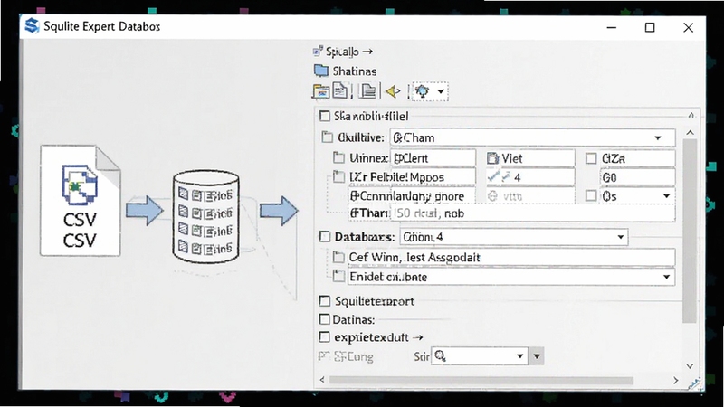 SQLite Expert 数据导入导出功能示意图,展示从 CSV 文件导入数据到 SQLite 数据库的窗口,包含字段映射设置,界面清晰,风格商务简洁