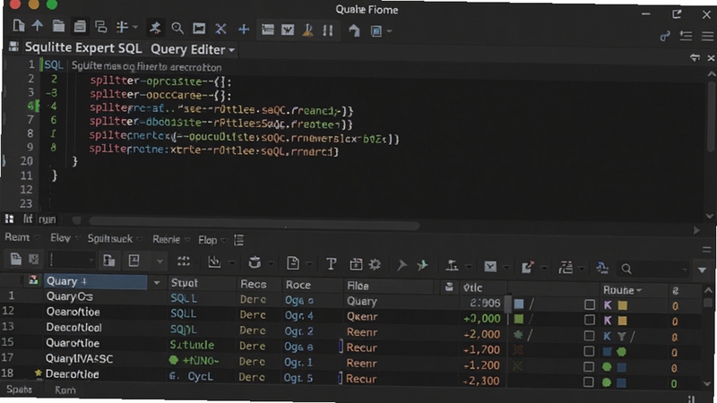 SQLite Expert SQL 查询编辑器界面,展示彩色语法高亮的 SQL 语句,下方为查询结果数据网格,编辑器带有行号和功能按钮,整体风格专业且现代,背景为深色代码编辑器主题