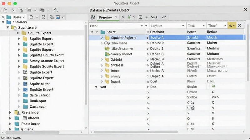 SQLite Expert 数据库对象树管理功能截图,左侧树形列表展示各类数据库对象,右侧显示选中表的字段属性编辑面板,风格为现代扁平化设计,色彩清新,突出对象层次与编辑功能