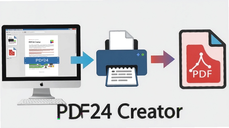 һ��չʾPDF24 Creator�����ӡ���������̵�ʾ��ͼ���������Ϊ������Ļ��ʾ�ĵ���ӡ���棬�м�Ϊ�����ӡ��ͼ�꣬�Ҳ�Ϊ���ɵ�PDF�ļ�ͼ�꣬��ͷָʾת�������������ƽ����ɫ������������ǳ�ң�ͻ��PDF24 Creator�������ӡ���ܣ����������ע��������PDF24 Creator