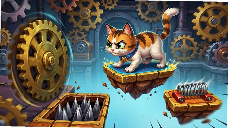 萌猫大冒险机关谜题场景图,一只猫咪站在浮空移动平台上,前方是旋转齿轮和尖刺陷阱,右侧有弹簧踏板,画面动感十足,色彩对比鲜明,背景为机械工厂风格,齿轮细节丰富,猫咪表情专注,展现闯关紧张感