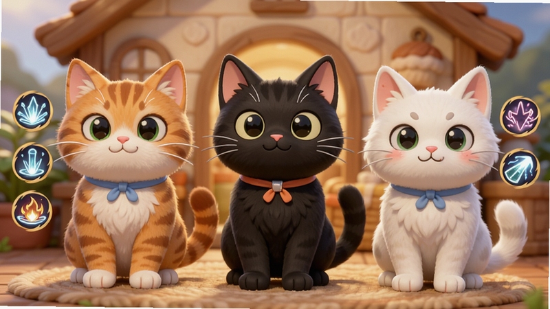 萌猫大冒险猫咪角色展示图,画面中央展示三只不同毛色的卡通猫咪,橘猫、黑猫和白猫并排站立,每只猫旁边有技能图标,背景是温馨的小屋,猫咪表情各异,整体风格圆润可爱,光线柔和,突出角色细节