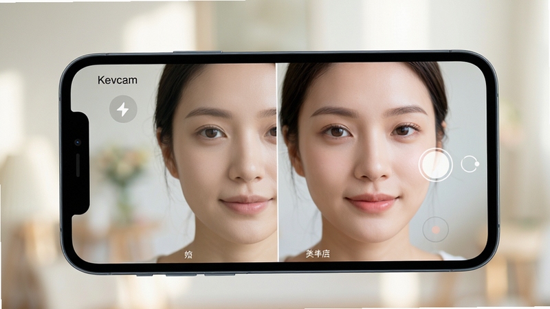 Kevcam实时美颜功能效果演示,画面中手机屏幕展示Kevcam人像拍摄界面,左侧为原始图像,右侧为美颜后效果,面部皮肤细腻,五官立体,背景虚化,体现自然美颜效果,整体色调柔和明亮,写实风格,高分辨率