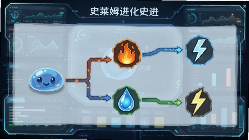 史莱姆进化史进化树界面预览,展示一只史莱姆从基础形态向三个不同分支进化的路线图,分支图标上有火焰、水滴和闪电标志,背景是科技感的数据面板,画面清晰,适合展示游戏策略玩法