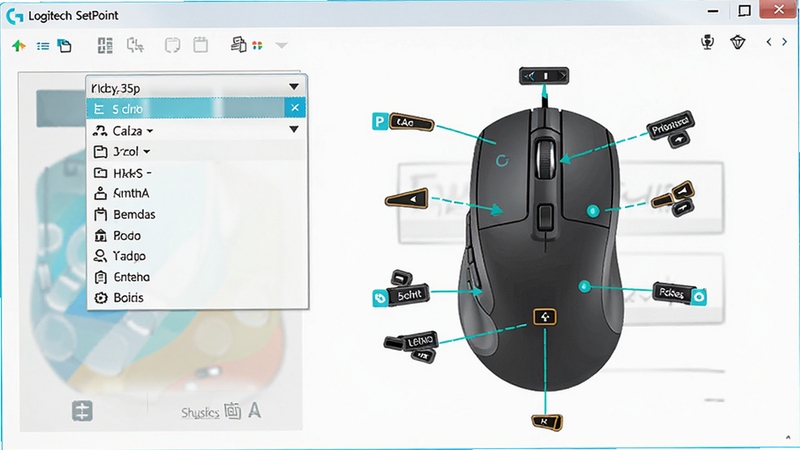 Logitech SetPoint ��갴���Զ������ý��棬��ʾ�������ܷ��������˵������ͼʾ������ע�����ɱ�̰����������ִ���ɫ��������