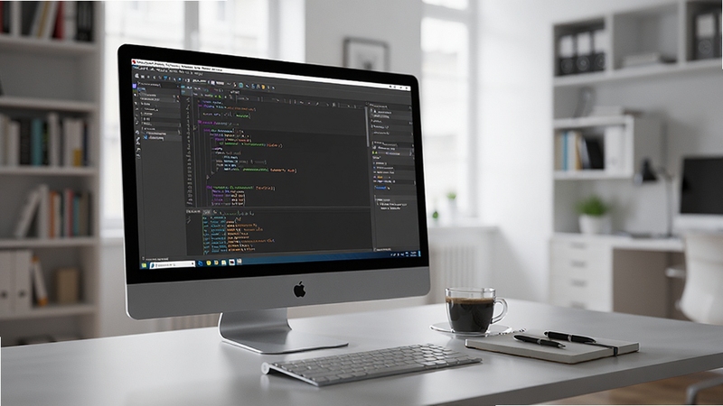 һ���ִ��칫������ͼƬ�������ϰڷ���һ̨��ʾ�� Macromedia Dreamweaver ����༭�������ʾ����һ�����ȣ��Ա߷��űʼǱ��ͱʣ������Ǽ���������鷿����Χ����רע��ͻ��ѧϰ�뿪���ĳ���