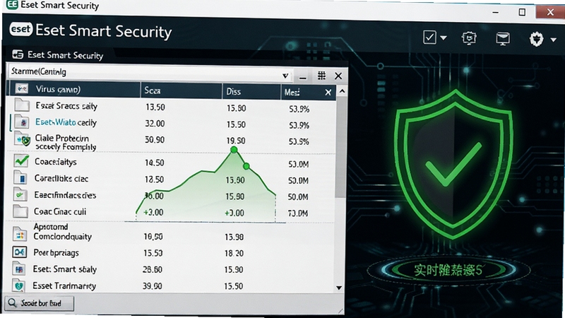 Eset Smart Security����ɨ�������д����ʾ����ɨ���ļ��б���ͼ��չʾʵʱ����״̬�����汳��Ϊ��ɫ�Ƽ��У���ɫ�������ն���ͼ�꣬ǿ����ȫ��������Ʒ�����ͼ���
