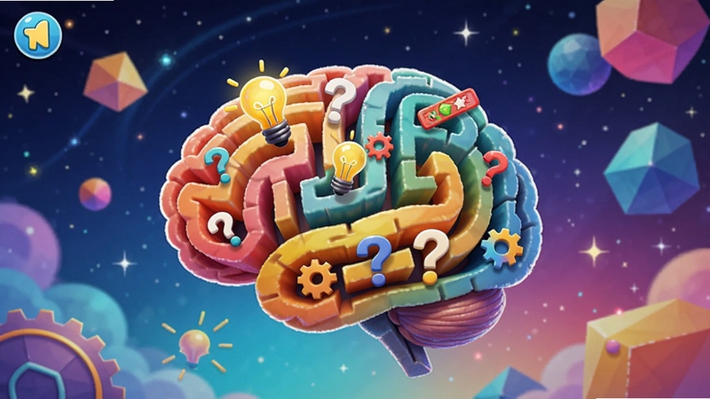 脑洞真的神游戏主界面预览图,画面中央是一个色彩鲜艳的大脑形状的立体迷宫,大脑表面有各种奇思妙想的元素如灯泡、齿轮、问号,背景是星空与几何图形融合的奇幻空间,整体风格活泼有趣,充满创意与想象力的游戏氛围,竖版手机游戏截图风格,高清渲染
