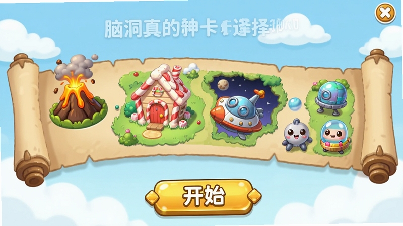 脑洞真的神关卡选择界面预览图,画面中展示了一个长长的地图卷轴,上面有各种不同主题的关卡图标,比如一个喷发的火山、一座糖果小屋、一艘宇宙飞船等,卷轴背景是淡蓝色的天空和云朵,界面下方有一个金色的开始按钮,整体风格可爱明亮,适合休闲游戏