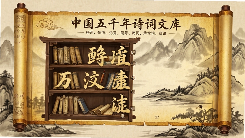 �й���ǧ��ʫ���Ŀ�������չʾ�����Ӿ����񣬱���Ϊˮīɽˮ��ǰ��Ϊʫ���б������ʽ���֣�ů��ɫ����ϸ�ڷḻ��������Ⱦ
