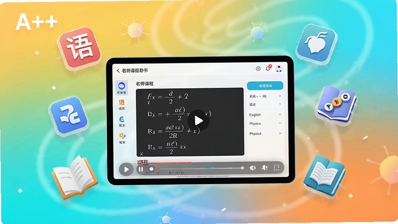 一张生动展示A++中学生超级学习助手核心功能的宽幅预览图,画面中央是一部正在播放名师课程视频的平板电脑,屏幕中显示着数学公式和清晰的学习界面,平板周围漂浮着语文、英语、物理等学科的图标和书本元素,背景采用明亮的渐变色,营造出积极向上的学习氛围,整体风格现代简约,突出软件的智能与高效