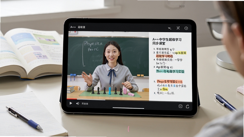 展示A++中学生超级学习助手同步课堂功能的界面截图风格图片,画面中是一个平板电脑的屏幕特写,屏幕上正在播放一位亲切的老师讲解物理电学实验的视频,视频画面清晰,旁边有配套的课件文字和重点标注,平板电脑周围摆放着课本、笔记本和笔,桌面整洁,光线柔和,呈现出专注的学习场景