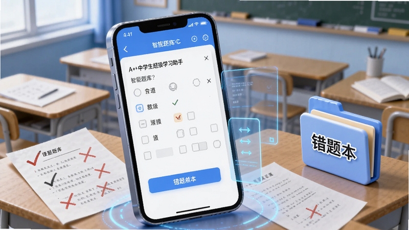 一幅关于A++中学生超级学习助手智能题库功能的数字插画,画面主体是一个放大的智能手机屏幕,屏幕上显示着选择题作答界面和答题卡,背景是模糊的教室场景,桌面上散落着几张打了红勾和红叉的试卷,旁边有一个写着“错题本”的立体文件夹图标,整体色调以蓝色和白色为主,体现数据化和智能感