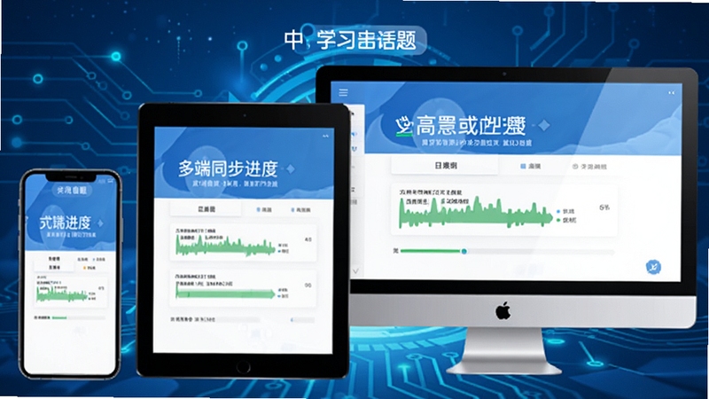 中、高考英语试题库多端同步示意图,手机、平板、电脑三台设备显示相同学习进度,背景为蓝色科技感,软件名称居中显示