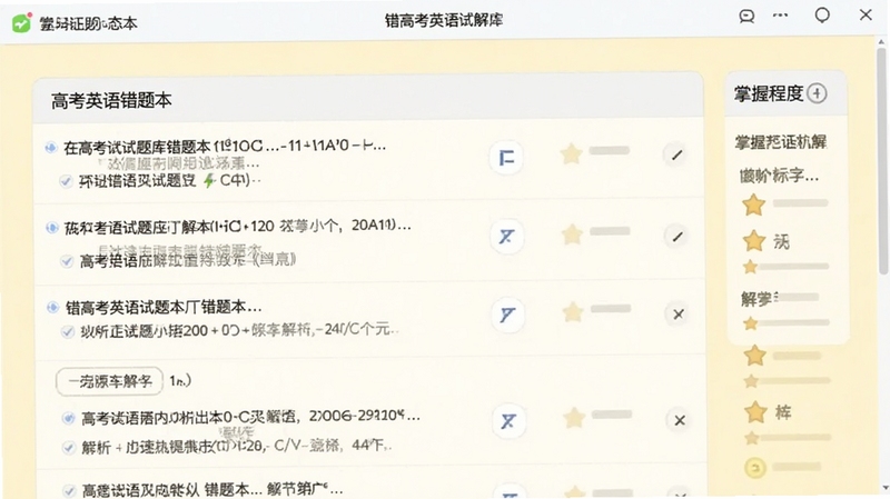 中、高考英语试题库错题本界面,列表展示错题及解析,右侧有掌握程度标记,背景为淡黄色,界面简洁,软件名称在顶部导航栏