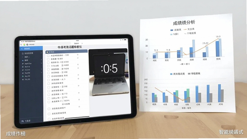 中、高考英语试题库模拟考试界面,平板电脑显示答题卡和倒计时,桌面显示成绩分析图表,背景为浅灰色,突出智能组卷功能,软件名称出现在屏幕角落