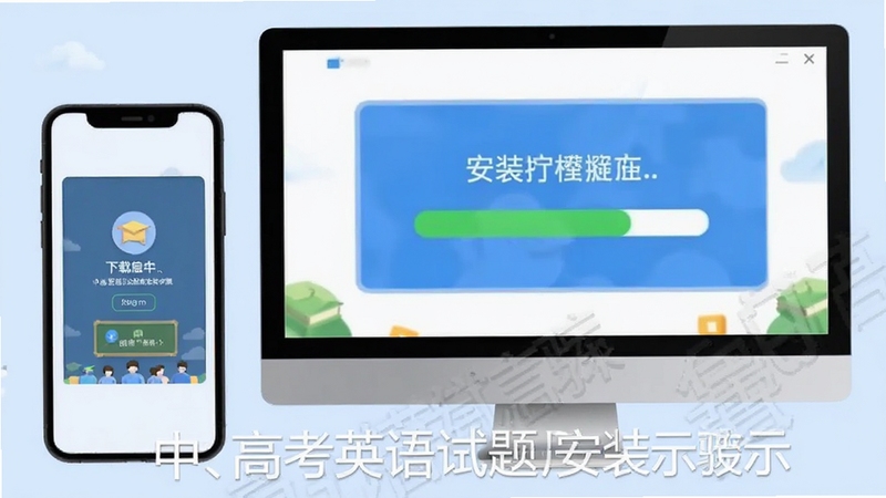中、高考英语试题库安装步骤示意图,手机与电脑屏幕显示下载界面和安装进度条,背景为浅蓝色,软件名称水印置于底部