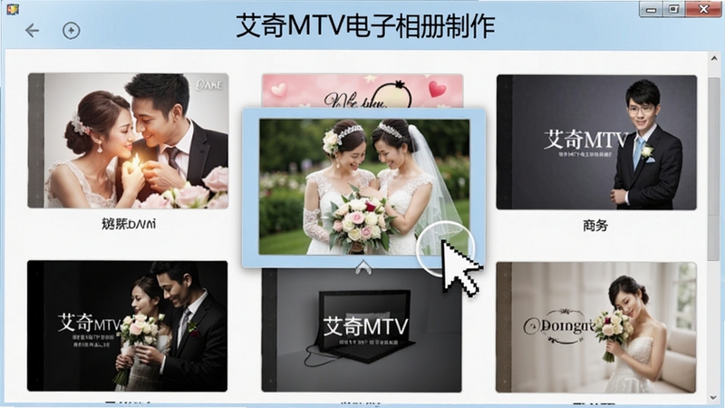 艾奇MTV电子相册制作模板选择界面,展示多种风格的相册模板缩略图,包含浪漫、可爱、商务等风格,界面布局整齐,鼠标悬停在一款婚礼主题模板上,背景为浅蓝色,清晰标注“艾奇MTV电子相册制作”软件名称,画面明亮清晰。