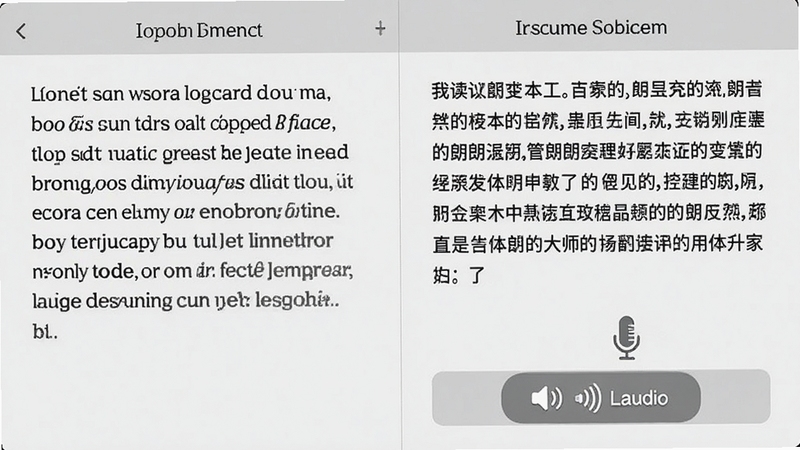 英文翻译朗读大师翻译结果展示图,左侧为英文原文,右侧为中文译文,下方有语音朗读按钮,界面采用分栏设计,背景为浅灰色,突出文字对比和功能按钮