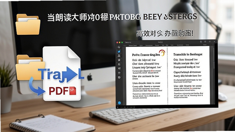 英文翻译朗读大师文档翻译操作示意图,展示导入PDF文件后自动生成双语对照的界面,背景为桌面工作台,图标为文件夹与翻译箭头,强调高效办公场景