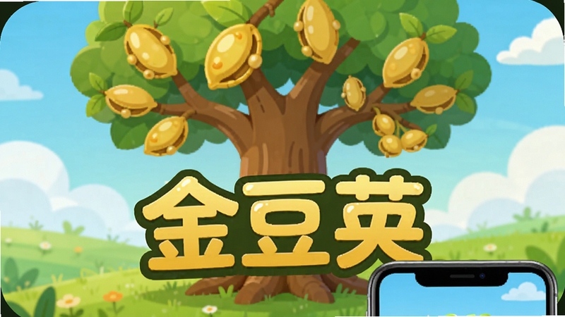 金豆荚主界面预览图,画面中央是一棵结满金色豆荚的卡通大树,背景是蓝天白云和柔和草地,整体色调明亮清新,采用扁平化插画风格,突出应用名称“金豆荚”三个字,画面右下角有手机屏幕边框,暗示移动端应用场景,细节丰富,色彩饱和度高,适合作为软件介绍头图
