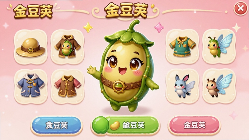 金豆荚角色装扮界面,展示一个可爱的豆荚精灵角色,周围有多个装扮选项如帽子、衣服、翅膀等,界面下方有色彩鲜艳的按钮,整体风格可爱精致,突出“金豆荚”品牌,背景是淡粉色的渐变,角色表情生动,细节丰富