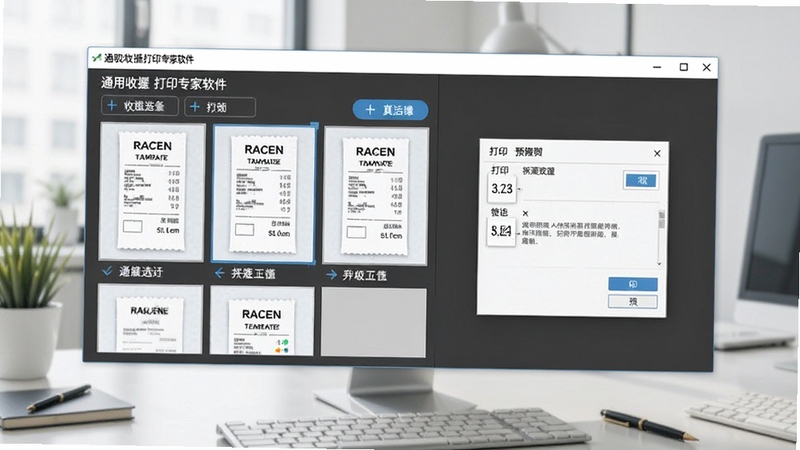 通用收据打印专家软件主界面预览图,展示简洁的操作面板、收据模板选择区域和打印预览窗口,背景为现代办公桌面,色调清新明亮,突出软件的易用性和专业感