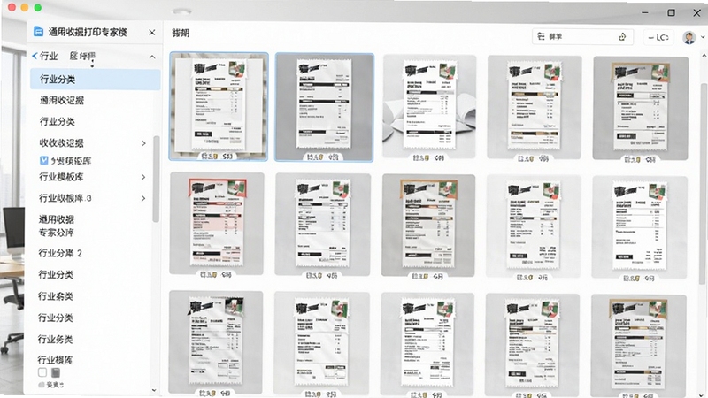 通用收据打印专家模板库界面,左侧为行业分类列表,右侧展示多种收据模板缩略图,用户可点击预览,画面清晰展示模板的多样性,背景为浅色办公环境,突出软件的功能丰富性