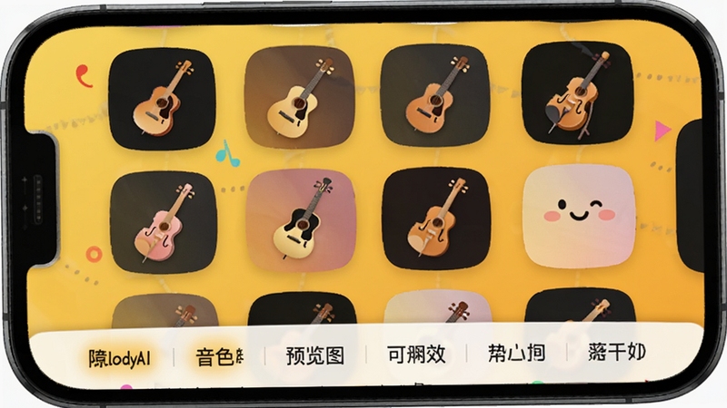 MelodyAI��ɫ��Ԥ��ͼ���ֻ���Ļ��չʾ����״��ɫͼ�꣬ÿ��ͼ��������ͼ�Σ�����Ϊů��ɫ���䣬������ã��·��з����ǩ������������׺���ǿ