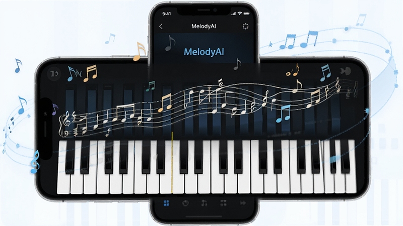 MelodyAI��������������ʾͼ��������һ���ֻ���ʾMelodyAI���������棬������ټ��̺��Զ����ɵ�������������Χ������Ʈ��������Ϊǳ��ɫ�Ƽ���Ч�������������