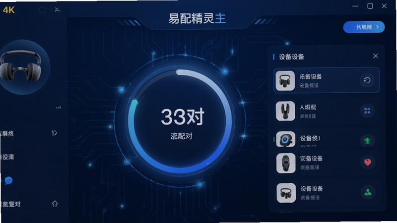 易配精灵主界面预览图,展示软件核心配对功能模块,背景为现代简约的深蓝色科技感界面,前景中央显示配对进度圆环与设备列表,整体风格干净明亮,细节丰富,4K高清,适合软件介绍页展示
