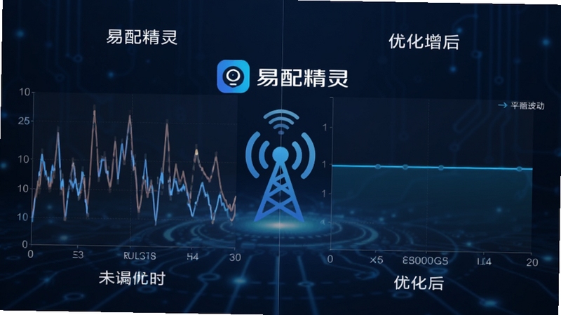 易配精灵信号增强功能示意图,画面分为左右两部分,左侧显示未优化时信号波动曲线,右侧显示优化后平稳直线,背景为科技感蓝色调,中间有易配精灵Logo与信号塔图标,风格专业直观