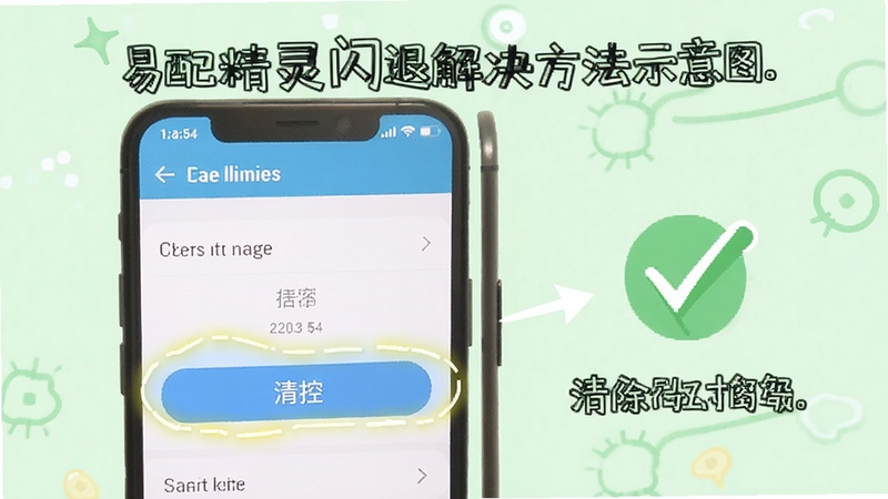 易配精灵闪退解决方法示意图,画面中手机屏幕显示设置界面,高亮清除缓存按钮,旁边有对勾图标,背景为浅绿色,整体风格简洁明了,配以文字说明步骤