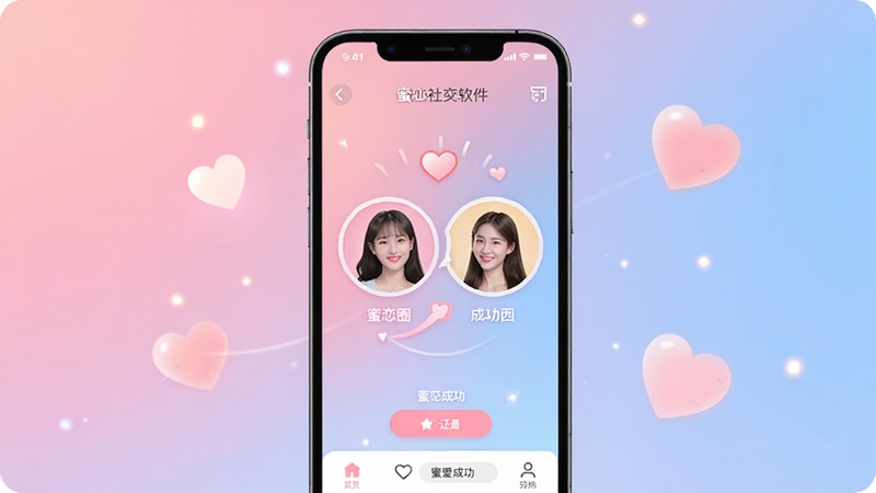 蜜恋圈社交软件主界面预览图,画面主体为手机屏幕展示应用内双人匹配成功动画,背景为柔和的粉蓝色渐变,点缀爱心光效,整体风格明亮温馨,突出恋爱社交主题