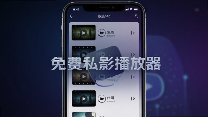 免费私影播放器主界面展示,手机屏幕中显示简洁的视频列表,背景为深色渐变,突出播放器的隐私保护主题,画面中央有软件名称水印,整体风格现代科技感,高清渲染