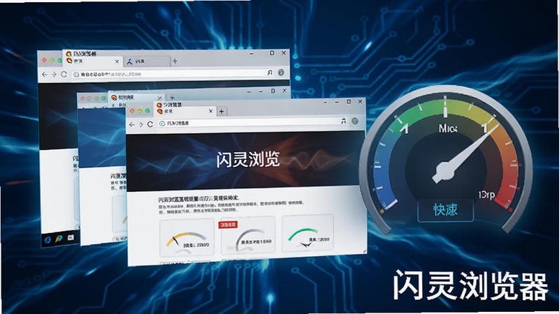 闪灵浏览器极速加载效果图,画面显示多个网页标签同时打开,速度仪表盘指针指向快速区域,背景为科技感蓝色光效,软件名称出现在屏幕角落,风格动感明亮