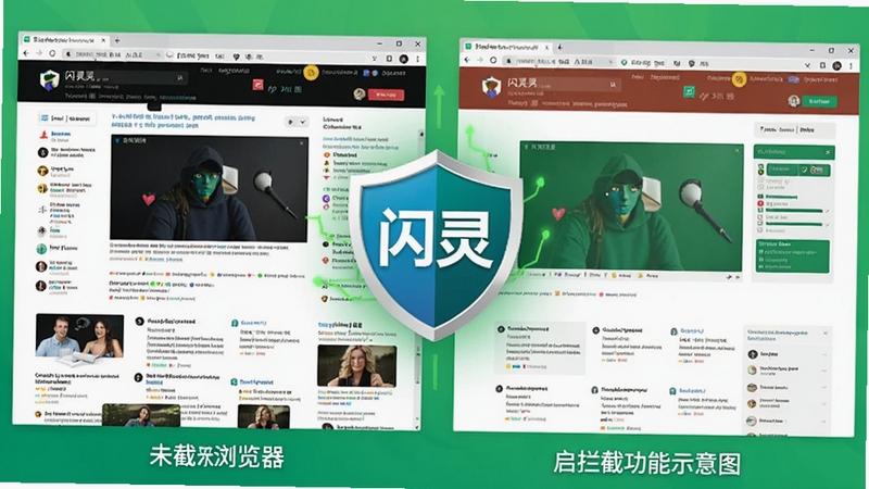 闪灵浏览器广告拦截功能示意图,画面左侧为未拦截的杂乱网页,右侧为启用拦截后的整洁页面,中央有闪灵浏览器logo的盾牌图标,背景清新绿色,风格对比鲜明