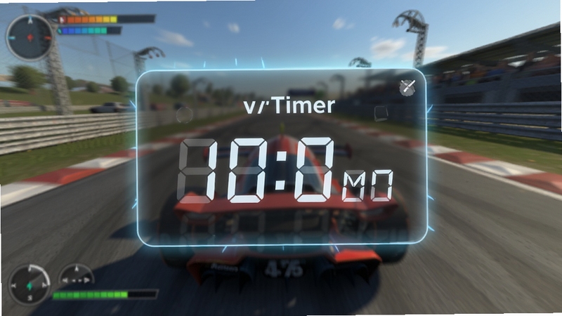 悬浮秒表vTimer计时器悬浮窗在游戏画面上方显示的截图,游戏背景为赛车竞技,悬浮窗半透明,显示毫秒计时,窗边有微光效果,突出悬浮与全局覆盖的特性