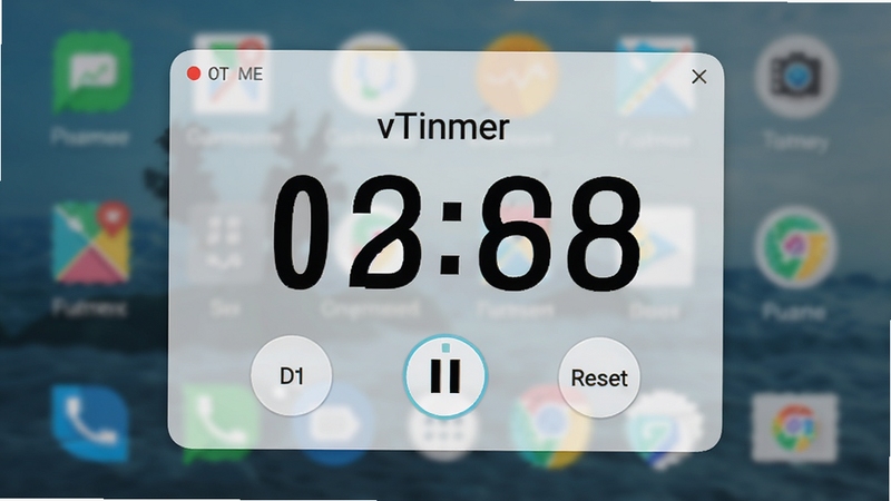 悬浮秒表vTimer计时器主界面预览图,软件悬浮窗在手机屏幕中央半透明显示,背景为模糊的安卓桌面,秒表数字清晰醒目,周围有开始、暂停、重置按钮,整体风格简洁现代,浅色背景,UI细节丰富