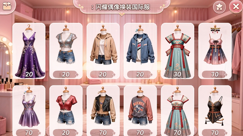 闪耀的我:闪耀偶像换装国际服游戏内衣橱界面,展示了大量不同风格的服装与配饰,包括晚礼服、休闲装、古风裙等,界面设计精美,服装排列整齐,色彩丰富,每个单品都有细节展示,背景为柔和的粉色更衣室,灯光温馨,突出换装游戏的核心玩法,画面清晰,材质细腻。