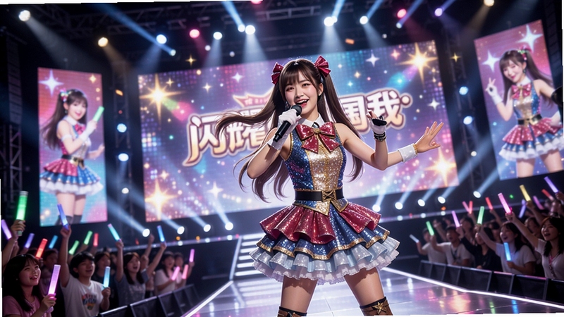 游戏舞台演出场景,一位女性角色身着华丽演出服正在舞台上唱歌跳舞,身后是炫目的灯光和巨大的LED屏幕,台下有众多观众挥舞荧光棒,画面动态感强,色彩鲜艳,突出闪耀的我:闪耀偶像换装国际服的舞台演出玩法,人物动作自然流畅,舞台效果华丽,氛围热烈。