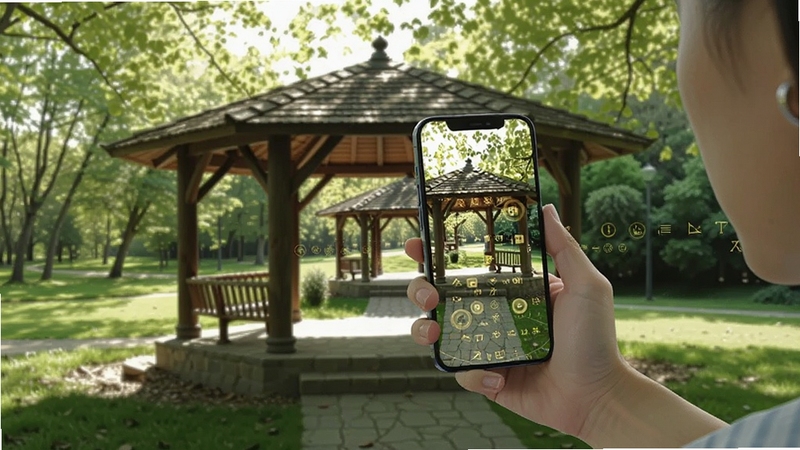 密境应用在户外公园场景中的使用效果图,一位用户手持手机对准前方凉亭,手机屏幕中浮现出半透明的金色文字与符号,与实景叠加,周围绿树成荫,阳光透过树叶洒落,画面清晰明亮,展示AR增强现实的交互效果,竖屏构图,色彩自然