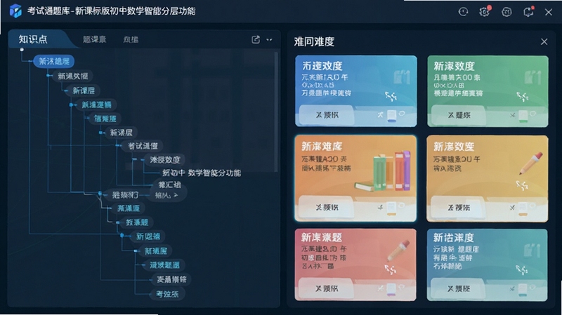 考试通题库-新课标版初中数学智能分层功能界面截图,左侧是知识点树状图,右侧是不同难度的题目卡片,色彩清新,扁平化设计风格,科技感十足