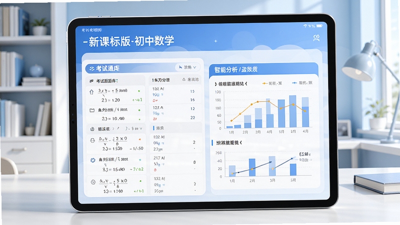 考试通题库-新课标版初中数学主界面预览图,平板电脑上显示数学试题列表和智能分析图表,背景是明亮简洁的现代书房,浅蓝色调,高清渲染,产品展示风格