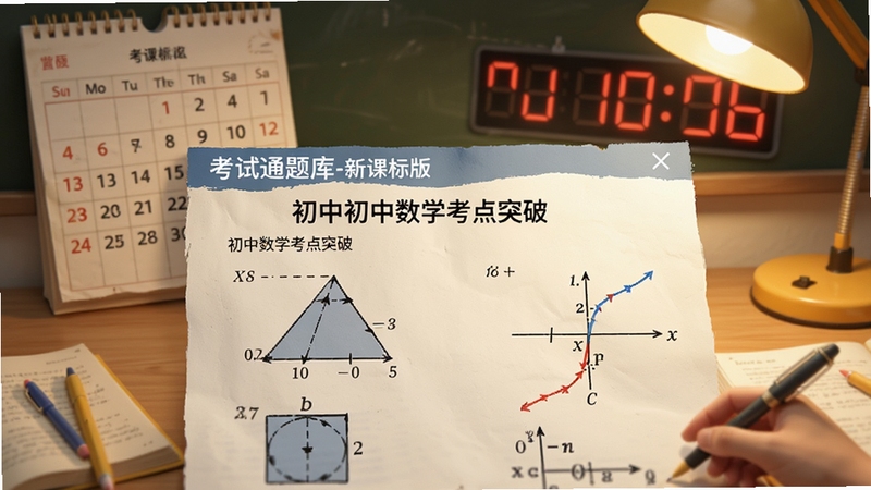 考试通题库-新课标版初中数学考点突破页面,显示几何图形和函数曲线,背景有日历和倒计时,暖色调,学习氛围浓厚,写实风格