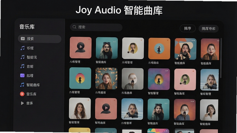 一张整洁的界面截图风格示意图,模拟Joy Audio播放器中的“音乐库”页面,左侧为侧边栏分类目录,右侧以网格形式展示专辑封面缩略图,封面色彩各异、排列整齐,顶部有搜索框与排序按钮,整体界面采用深色主题、圆角卡片设计,视觉上简洁清爽,突出智能管理与分类清晰的特点,图片上方标注“Joy Audio 智能曲库”