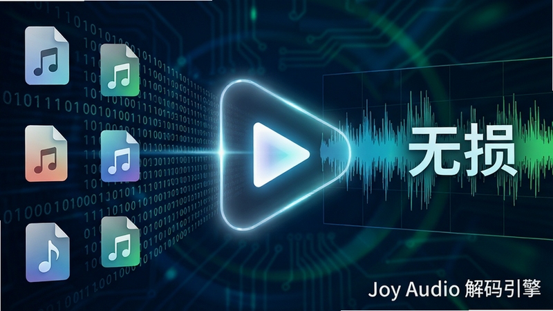 高清特写渲染图,展示Joy Audio在手机后台解码无损音频的抽象概念,画面左侧为各种音乐文件图标与二进制数据流,右侧为高保真波形图与“无损”字样,中央用光效连接形成播放按钮形状,背景为深邃的科技蓝与电子绿交织,整体风格专业且富有科技感,图片右下角标注“Joy Audio 解码引擎”